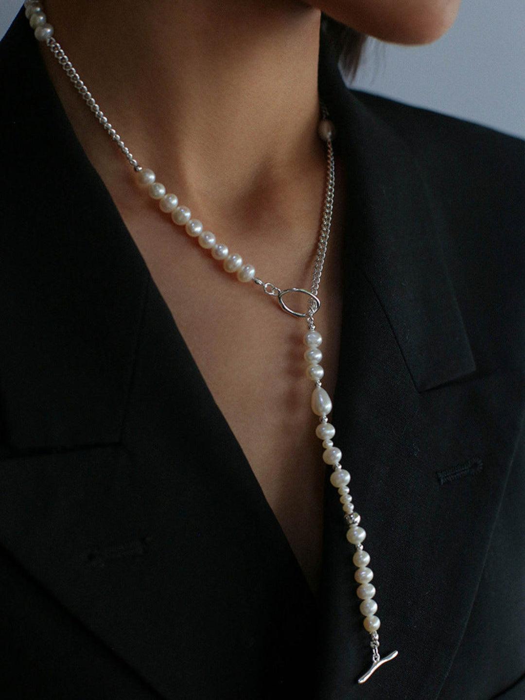 OT Buckle Long Chain Stitching Pearl Necklace - Gembea Jewelry