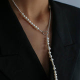 OT Buckle Long Chain Stitching Pearl Necklace - Gembea Jewelry