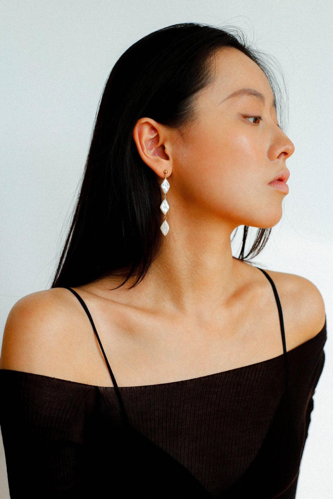 Diamond Baroque Pearl Long Earrings - Gembea Jewelry