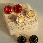 White Crystal Black and Red Agate Stud Earrings - Gembea Jewelry