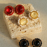 White Crystal Black and Red Agate Stud Earrings - Gembea Jewelry