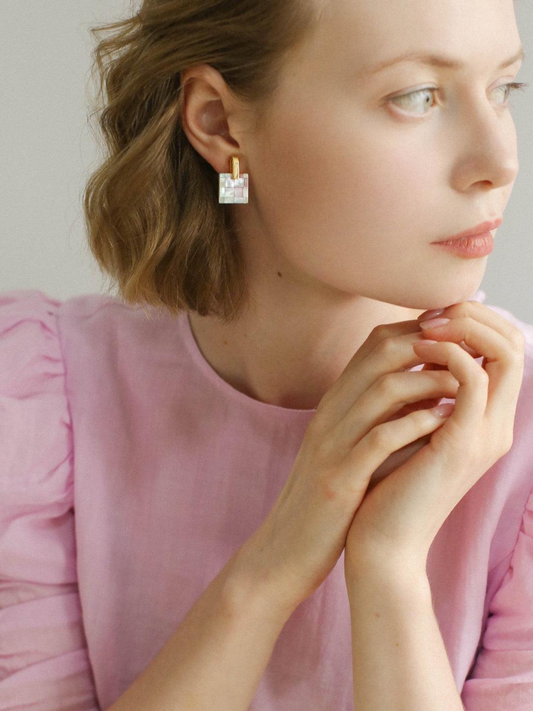 Splice white Mother of Pearl Checkerboard Earrings - Gembea Jewelry