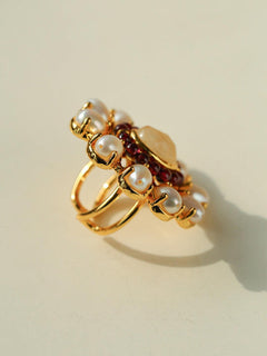 Natural Freshwater Pearl Garnet Stone Open Ring - Gembea Jewelry