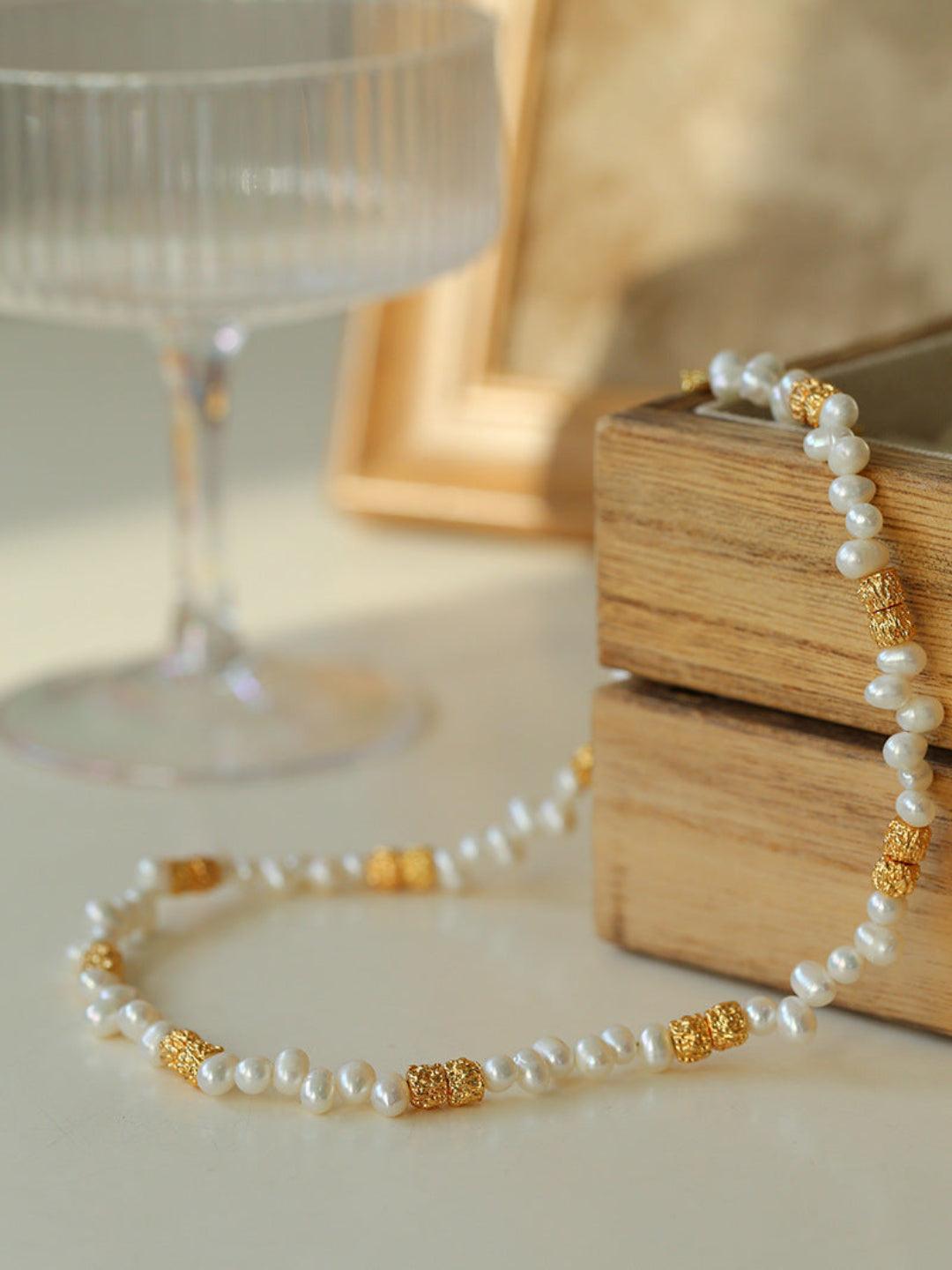 Lava Metal Gold Beans Scattered Pearl Necklace - Gembea Jewelry