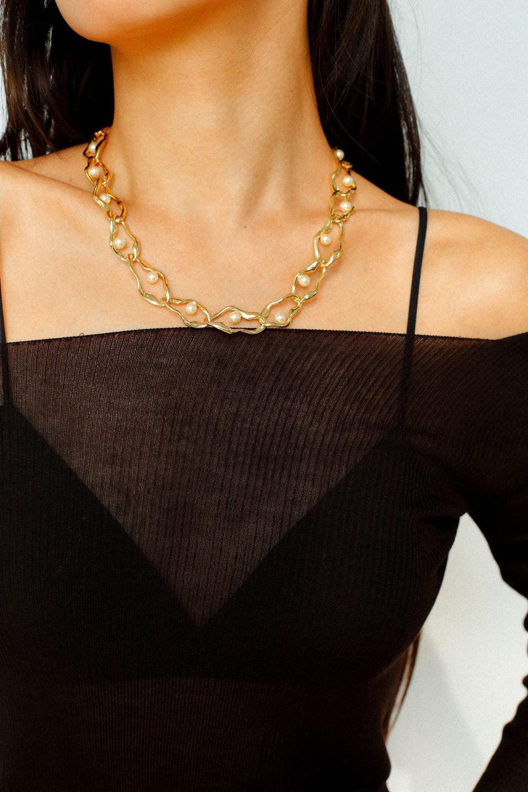 Geometric Twist Artificial Pearl Chain Necklace - Gembea Jewelry