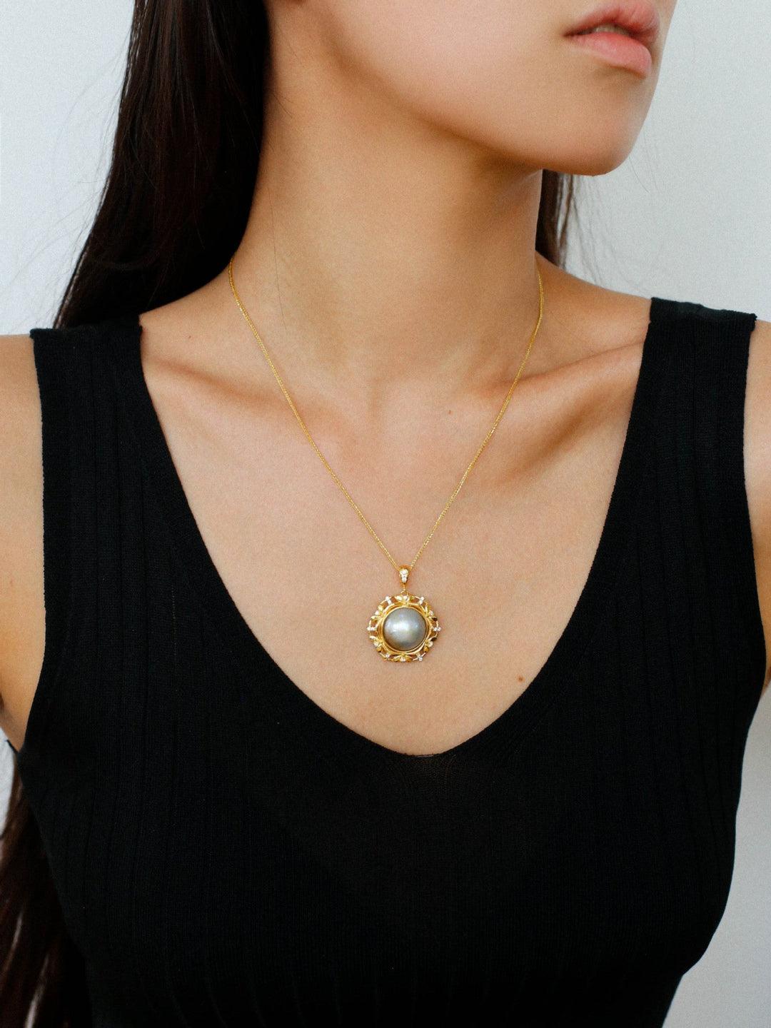 Hollow Seawater Mabe Pearl Pendant Necklace - Gembea Jewelry