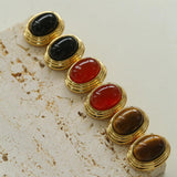 Oval Tiger Eye Stone Black Agate Earrings - Gembea Jewelry