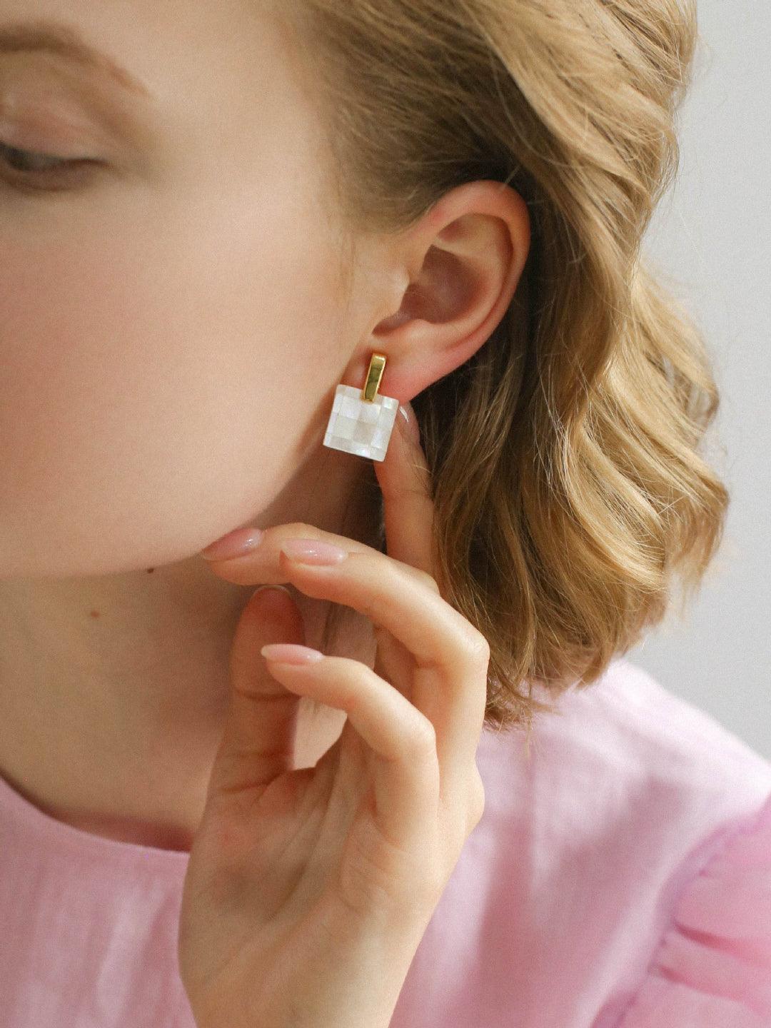 Splice white Mother of Pearl Checkerboard Earrings - Gembea Jewelry