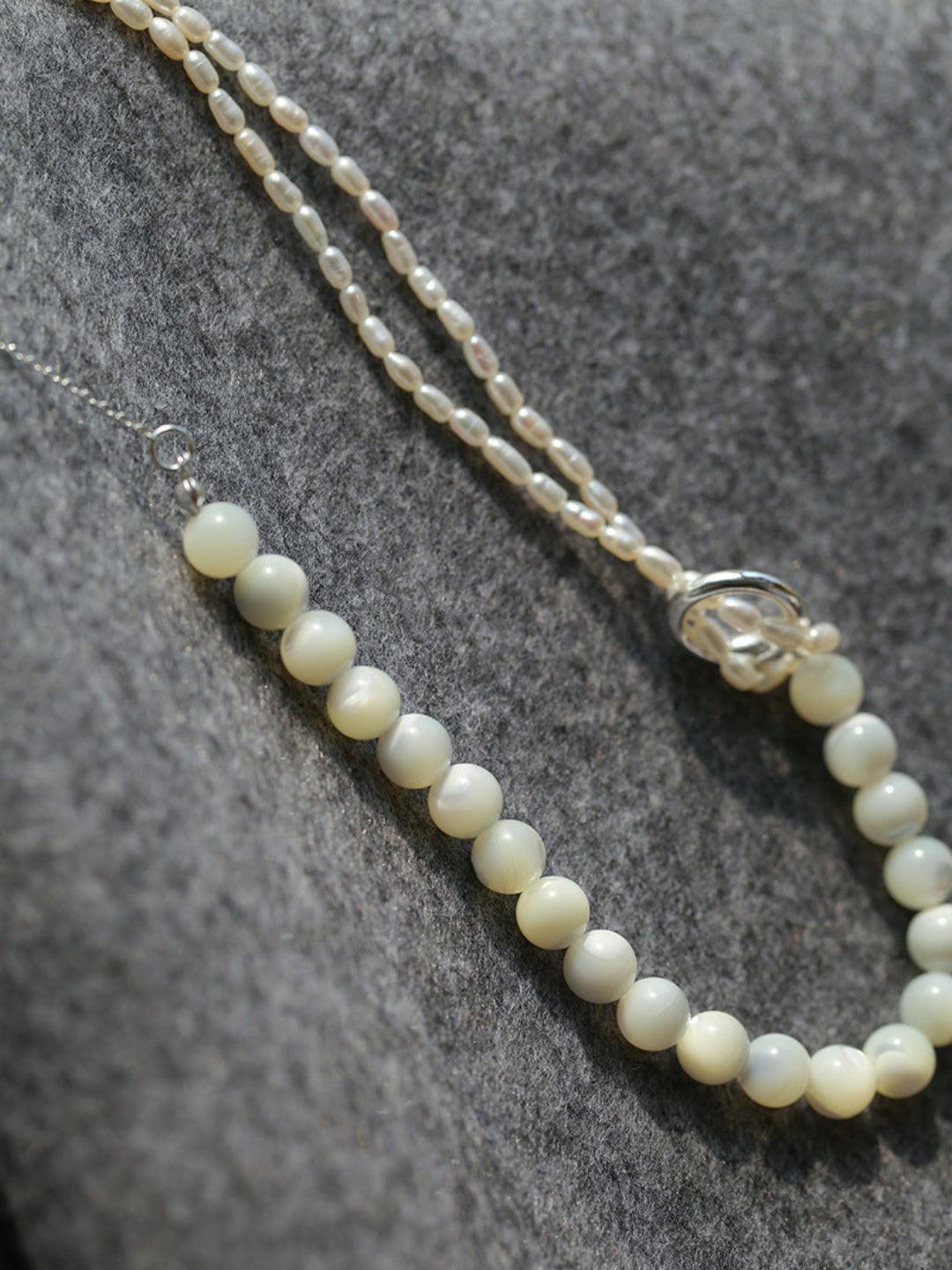 Round Buckle Rice Pearl White Shell Necklace - Gembea Jewelry