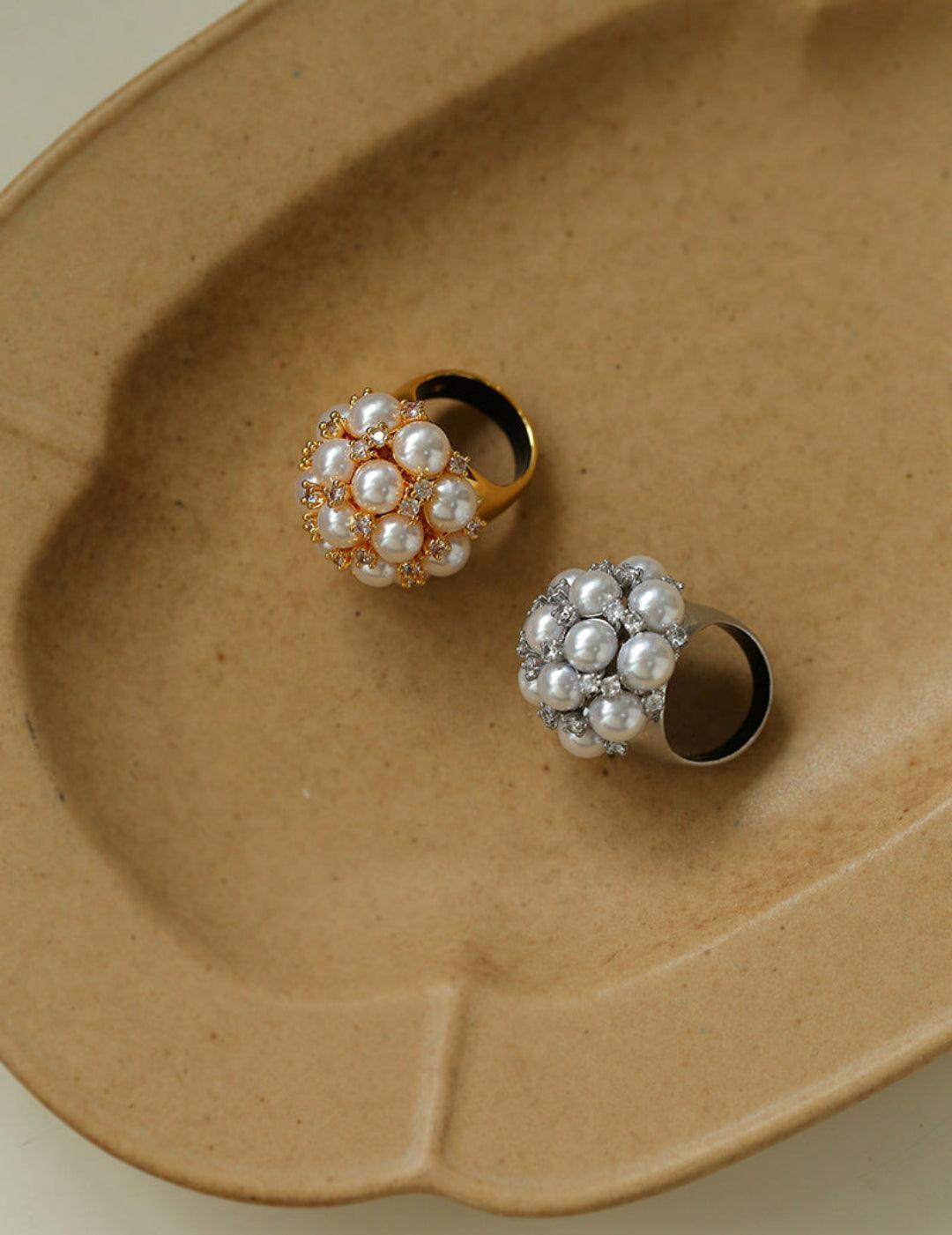 Full Star Flower Artificial Pearl Zircon Ring - Gembea Jewelry