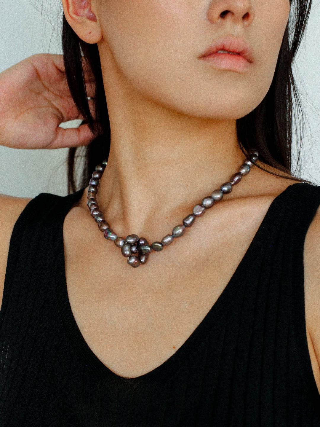 Hand-woven Pearl Run Loop Grey Necklace - Gembea Jewelry