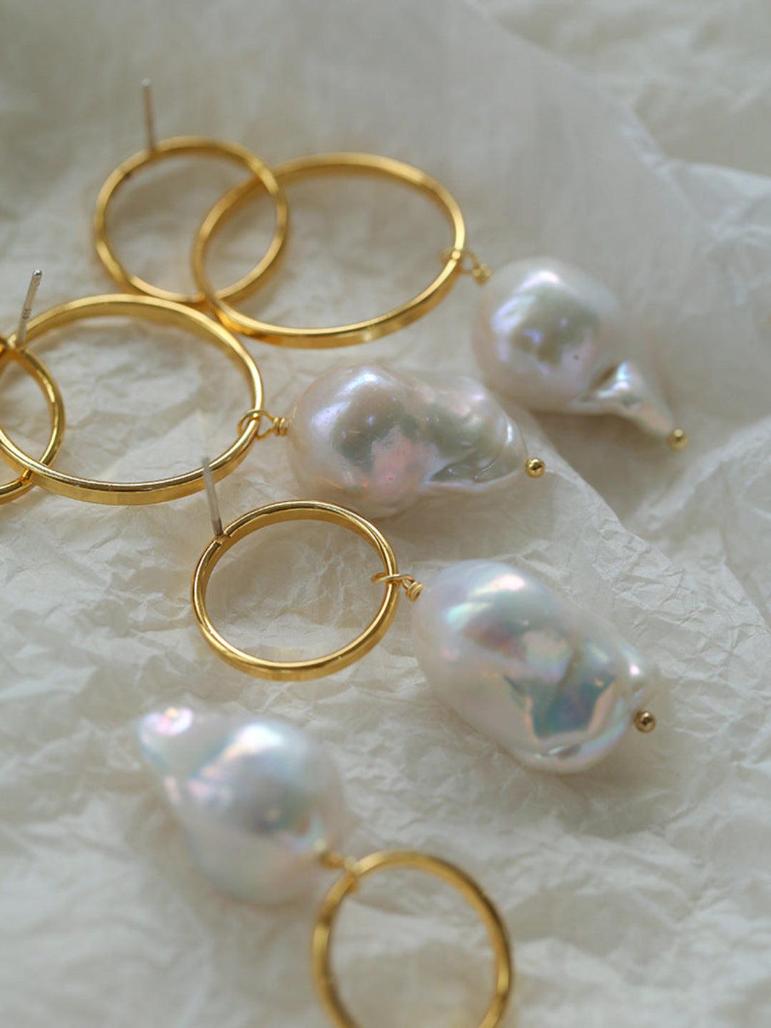 Metal Circle Baroque Pearl Drop Earrings - Gembea Jewelry