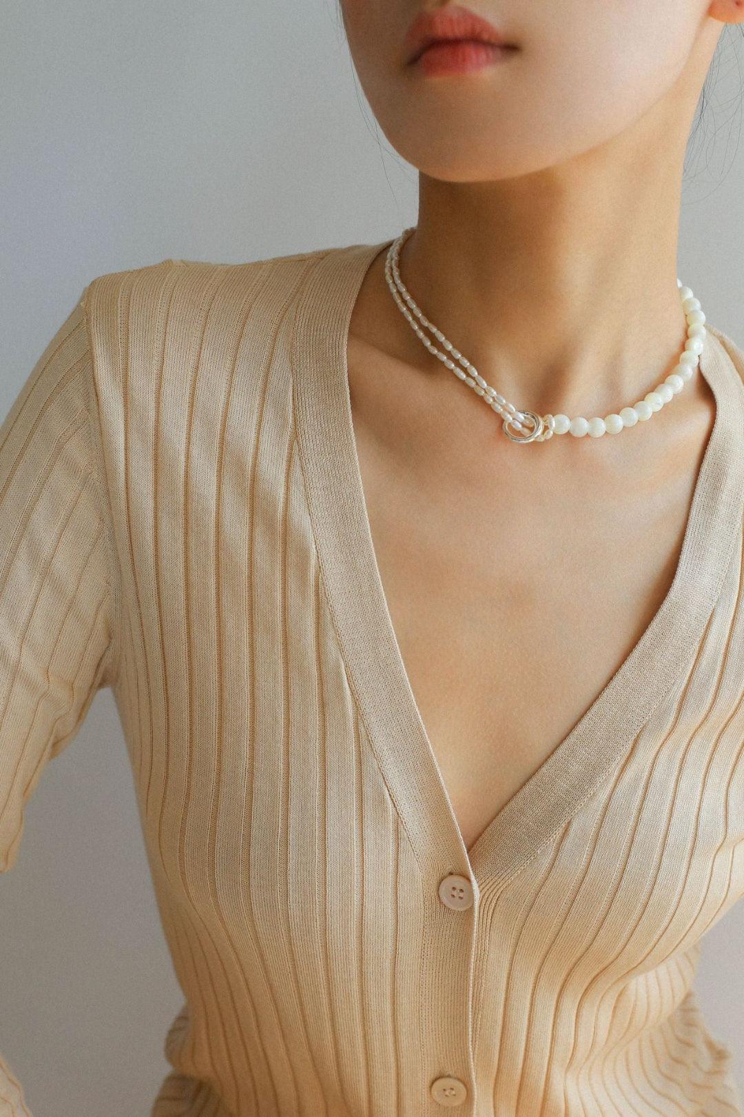 Round Buckle Rice Pearl White Shell Necklace - Gembea Jewelry
