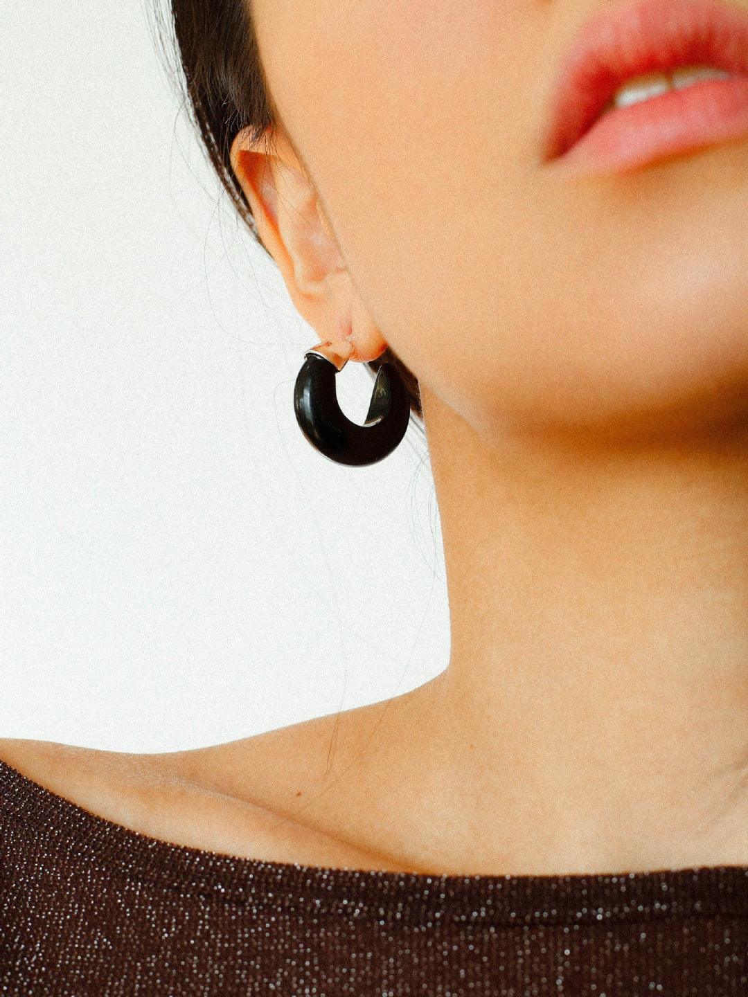 Black Agate Tiger Eye Stone Moon Bud Earrings - Gembea Jewelry