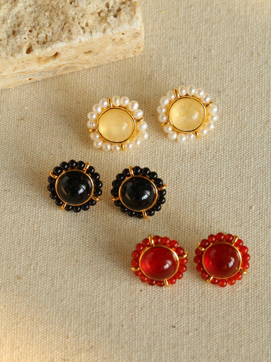 White Crystal Black and Red Agate Stud Earrings - Gembea Jewelry