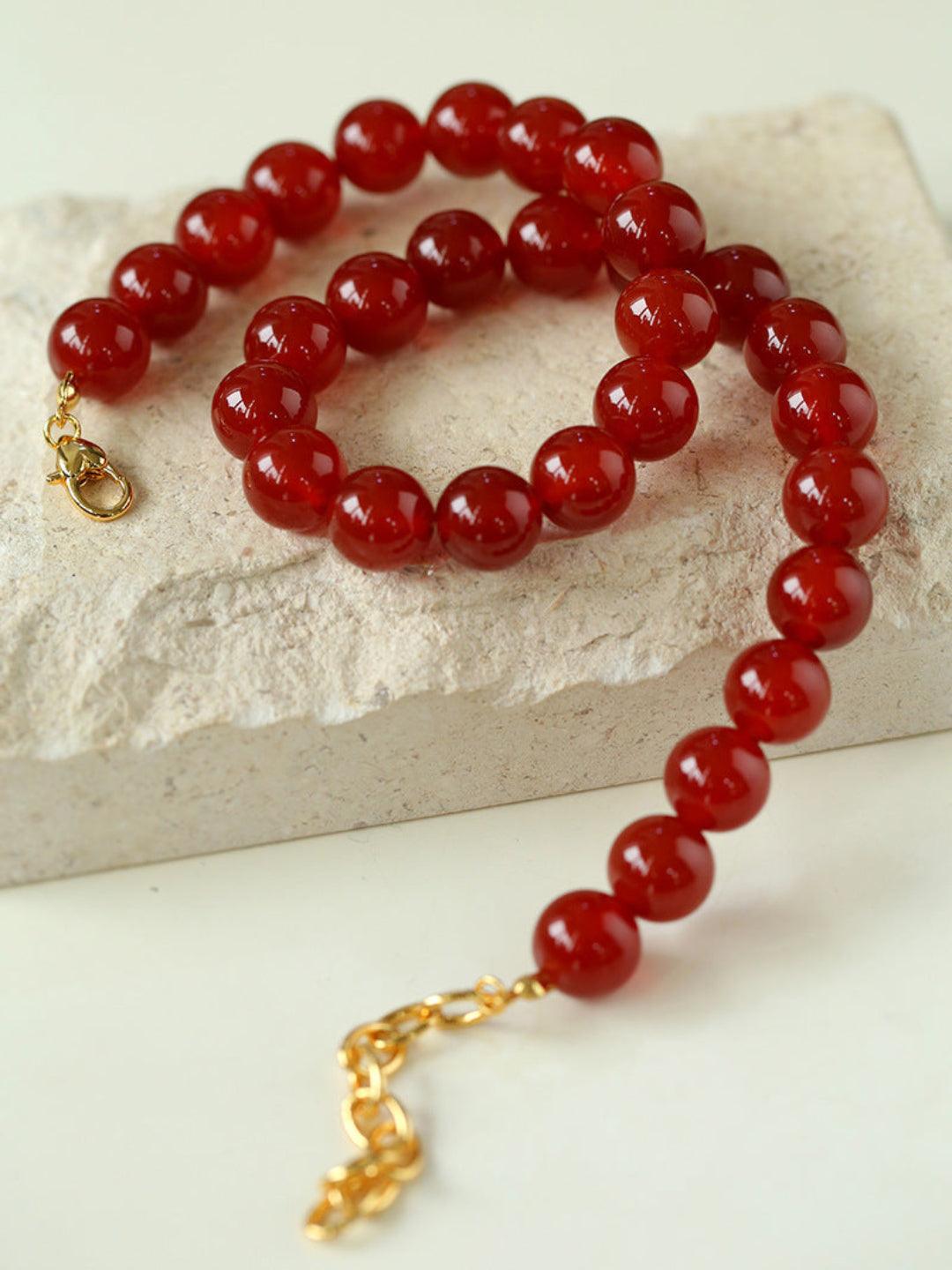 Vintage Red Agate Round Bead Necklace - Gembea Jewelry