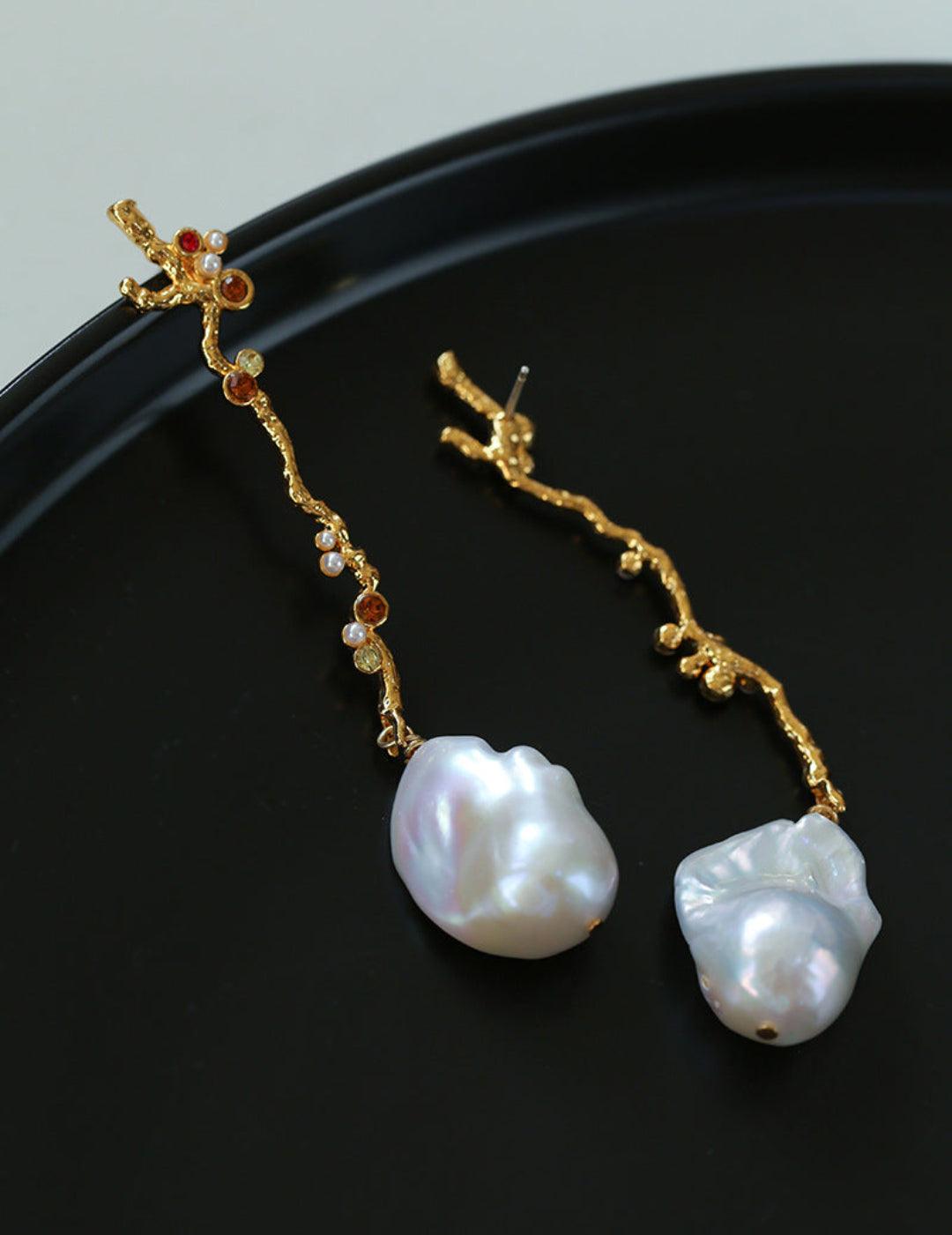 Long Tree Branch with Diamond Baroque Drop Earrings - Gembea Jewelry