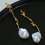 Long Tree Branch with Diamond Baroque Drop Earrings - Gembea Jewelry