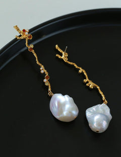 Long Tree Branch with Diamond Baroque Drop Earrings - Gembea Jewelry