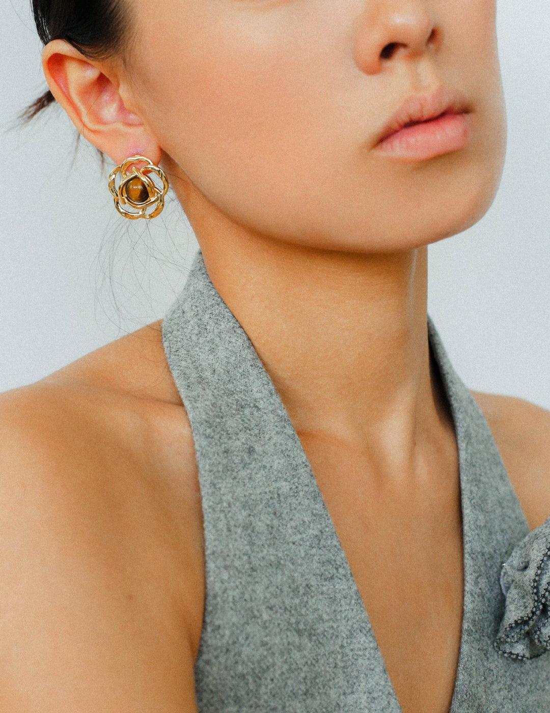 Tiger Eye Gemstone Camellia Earrings - Gembea Jewelry