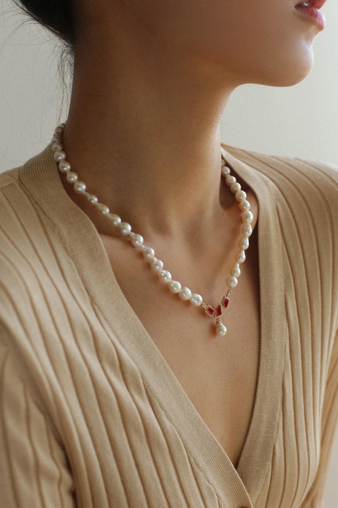 Ruby Zircon Drop Pearl Beaded Necklace - Gembea Jewelry