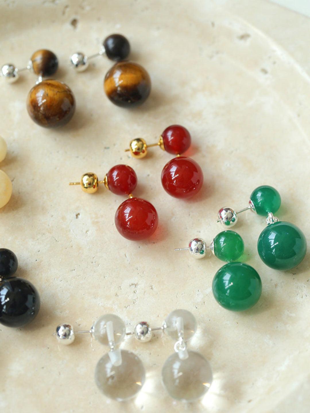 Double Ball Crystal Agate Stone Earrings - Gembea Jewelry