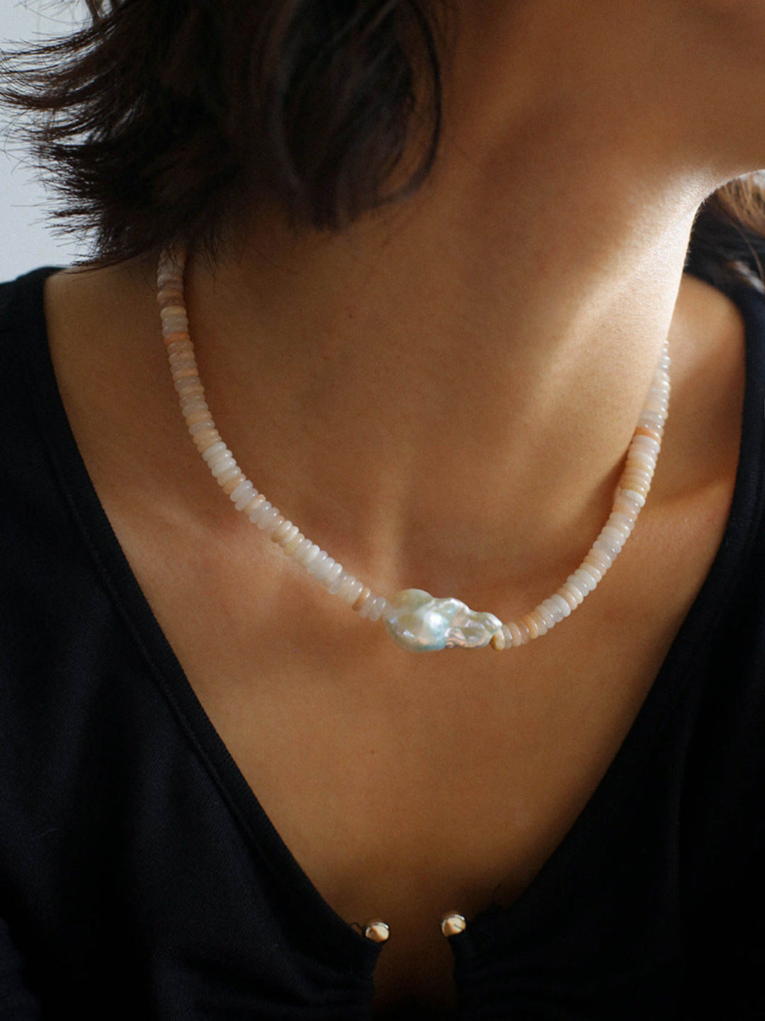 Gembea Jewelry Pink Stone Beaded Baroque Pearl Necklace