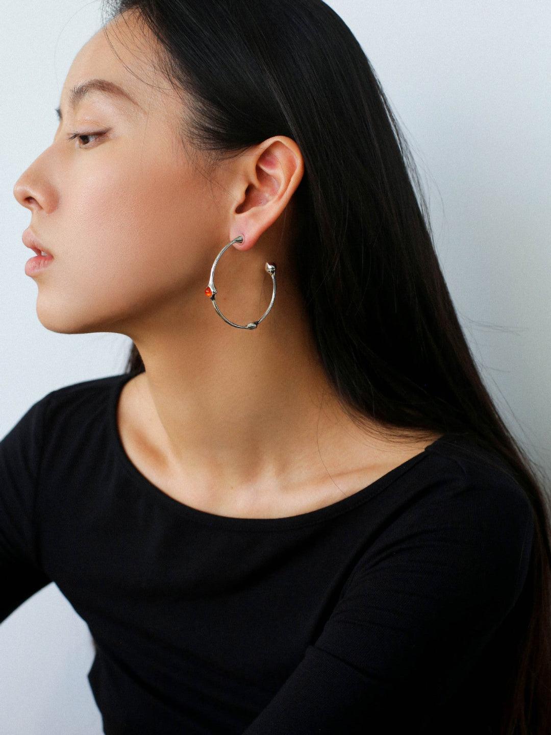 Red Agate Tiger Eye Stone Metal Hoop Earrings - Gembea Jewelry