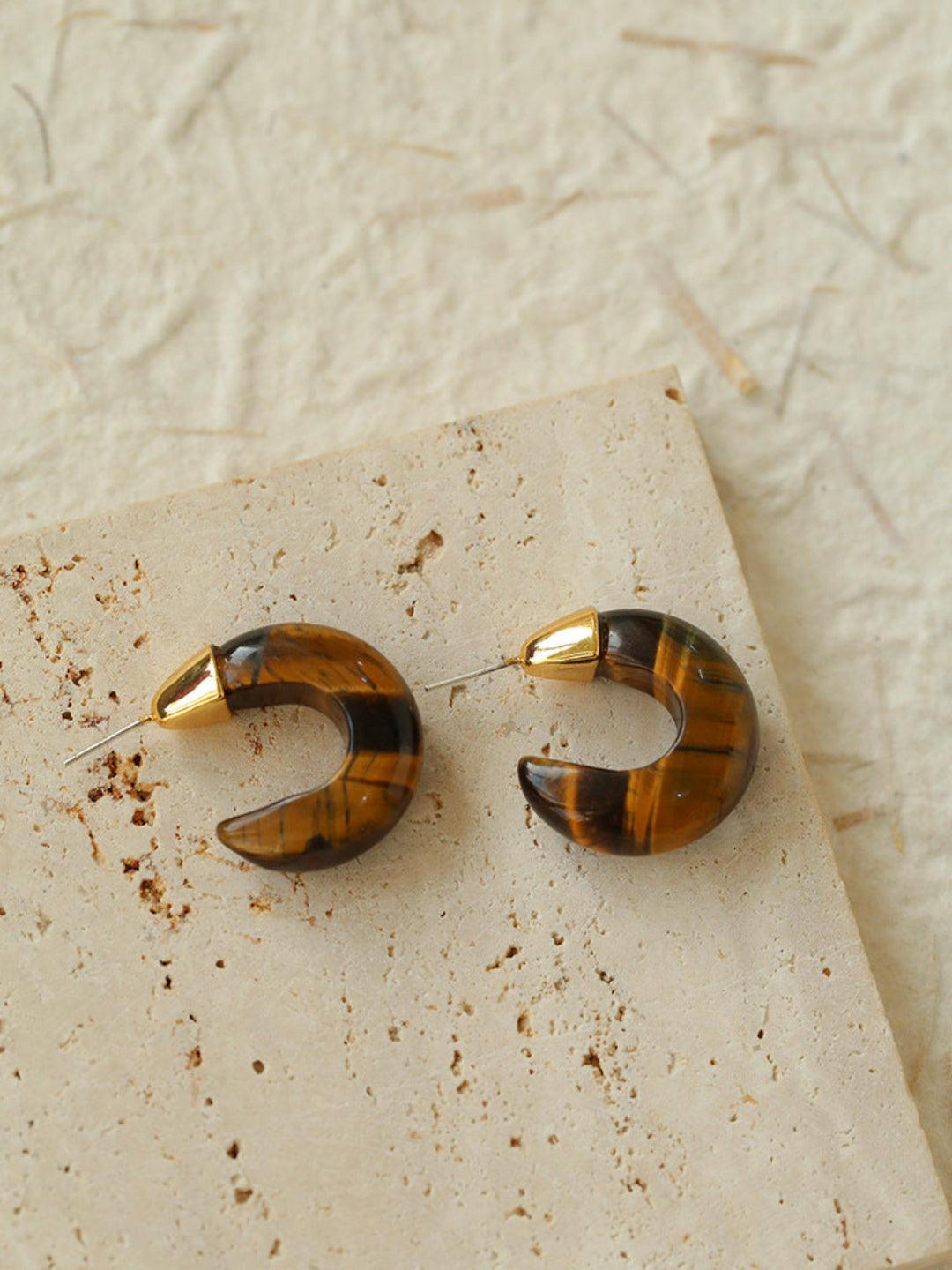 Black Agate Tiger Eye Stone Moon Bud Earrings - Gembea Jewelry