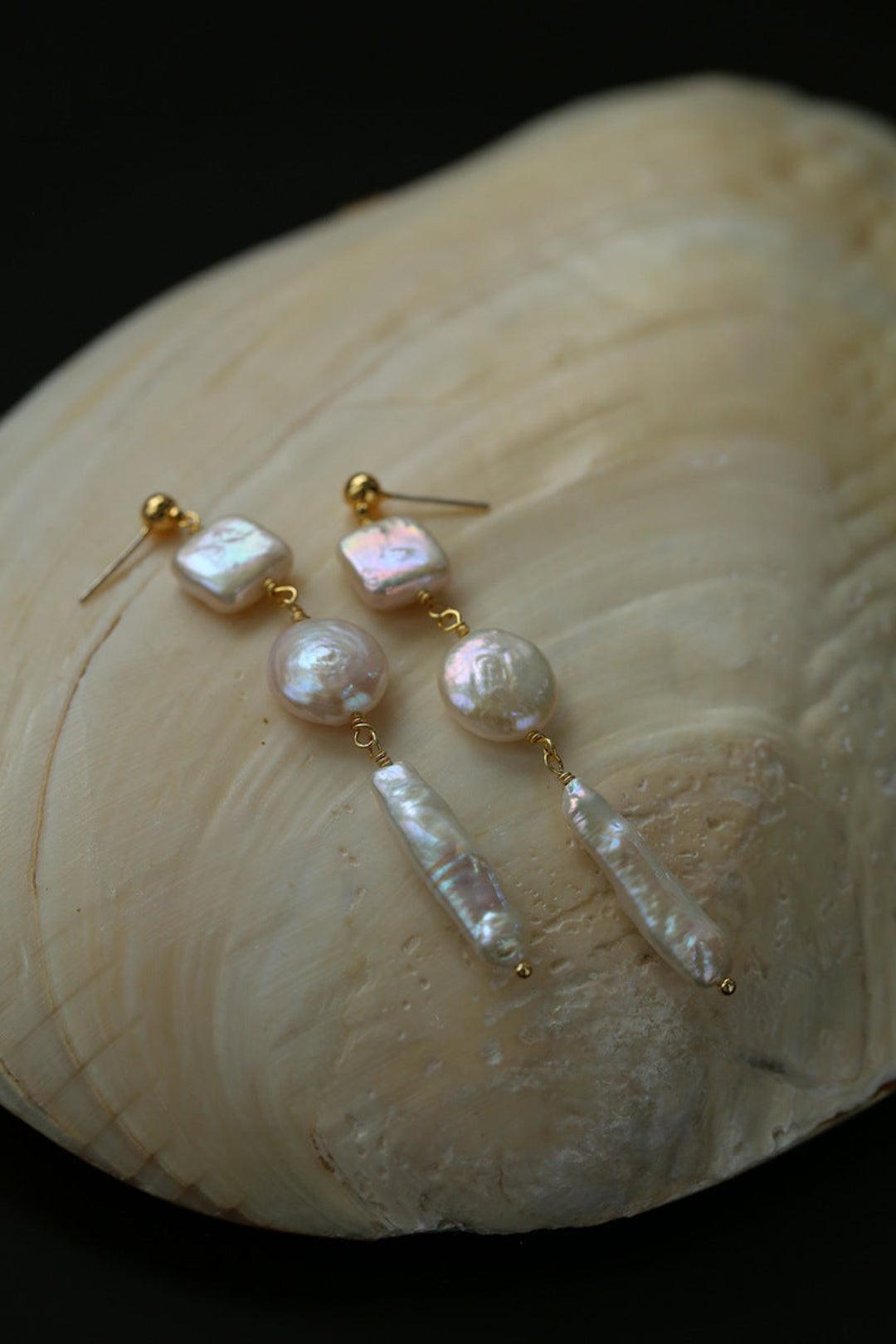Diamond Baroque Pearl Long Earrings - Gembea Jewelry