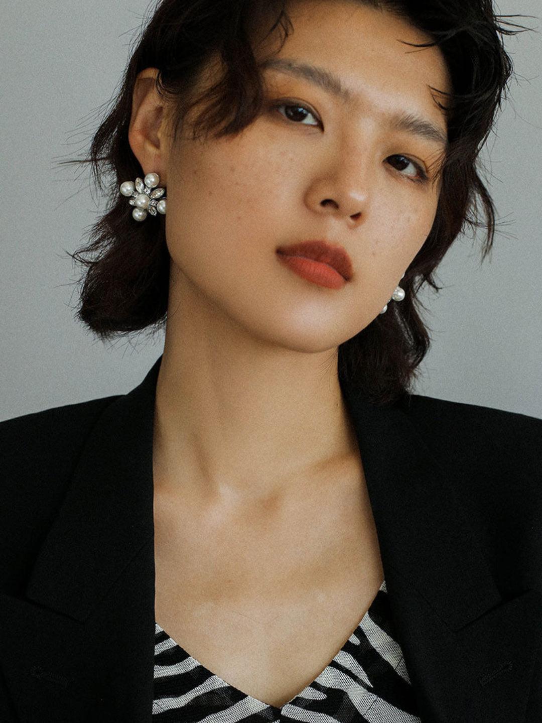 Snow Artificial Pearl Crystal Stud Earrings - Gembea Jewelry