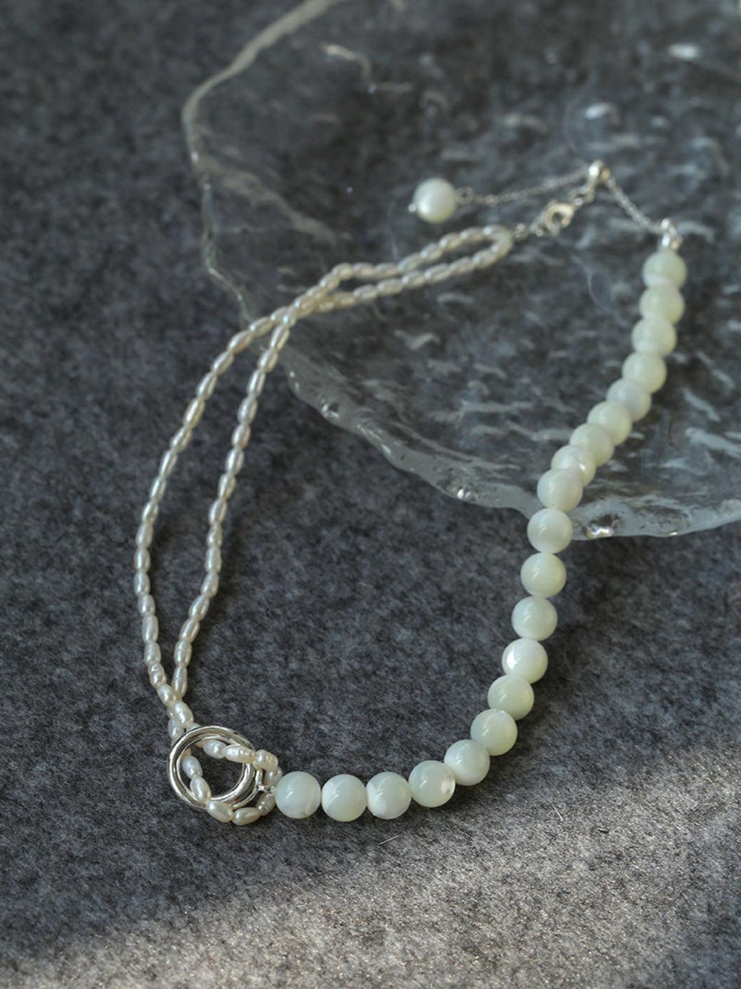 Round Buckle Rice Pearl White Shell Necklace - Gembea Jewelry