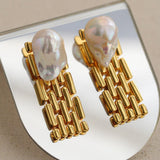 Wide Version Watch Chain Baroque Pearl Earrings - Gembea Jewelry