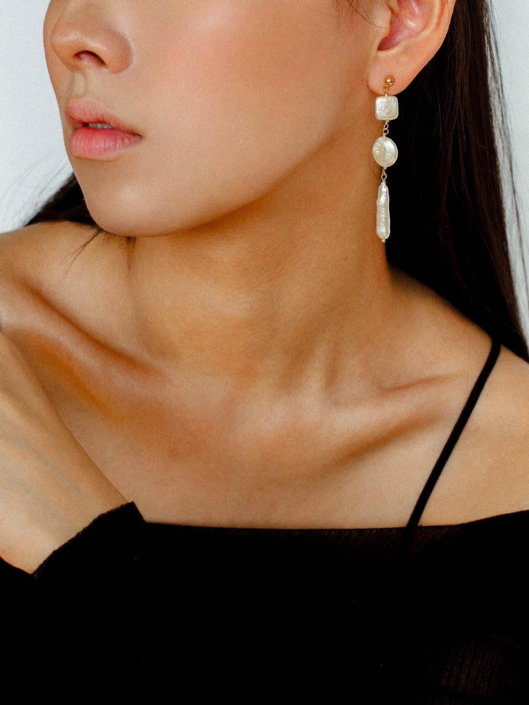 Diamond Baroque Pearl Long Earrings - Gembea Jewelry