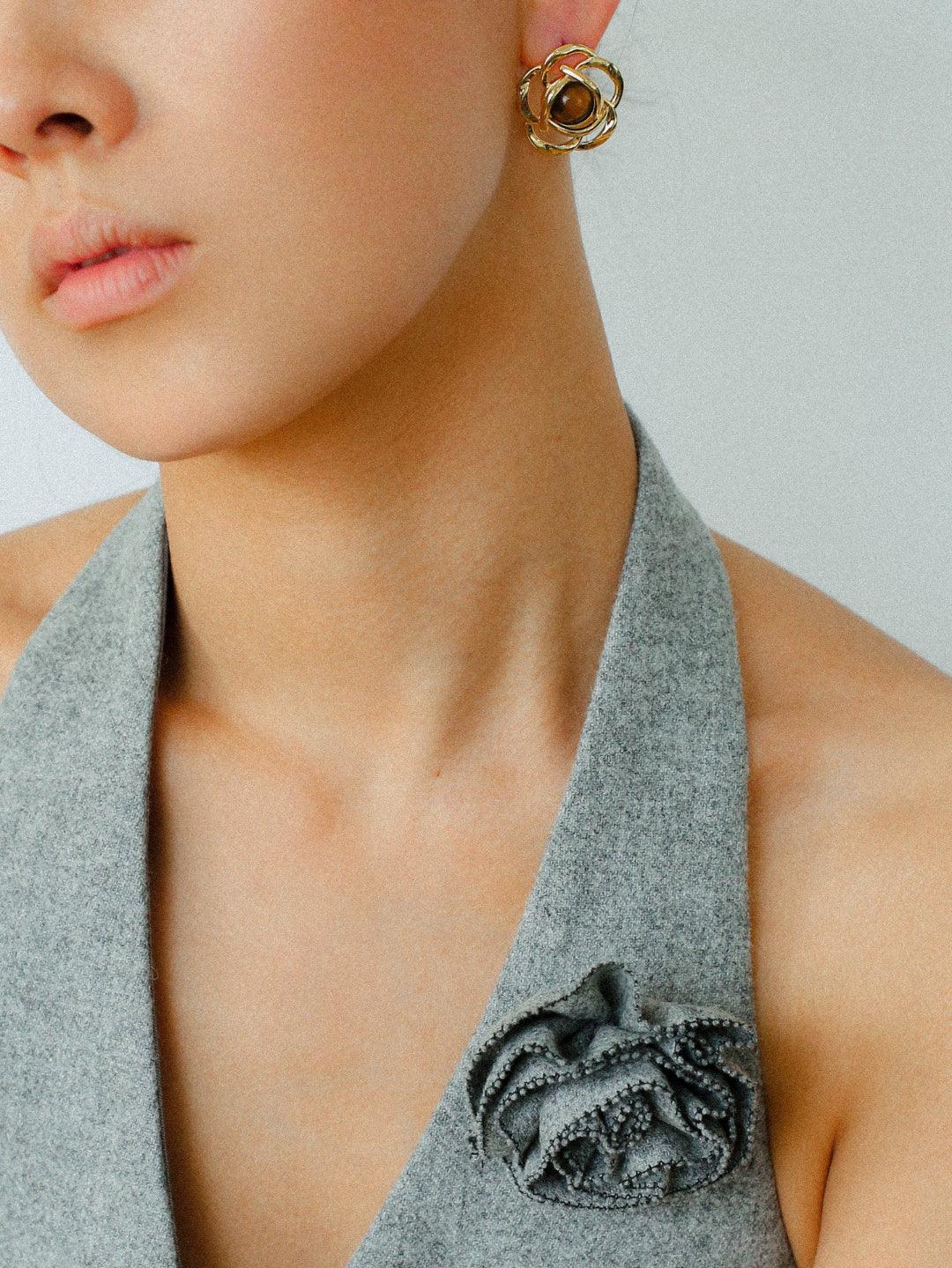 Tiger Eye Gemstone Camellia Earrings - Gembea Jewelry