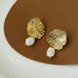 Simple Lotus Leaf Metallic Pearl Earrings - Gembea Jewelry