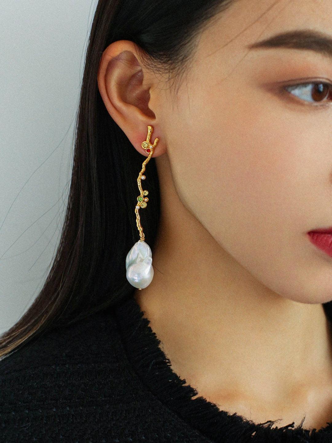 Long Tree Branch with Diamond Baroque Drop Earrings - Gembea Jewelry