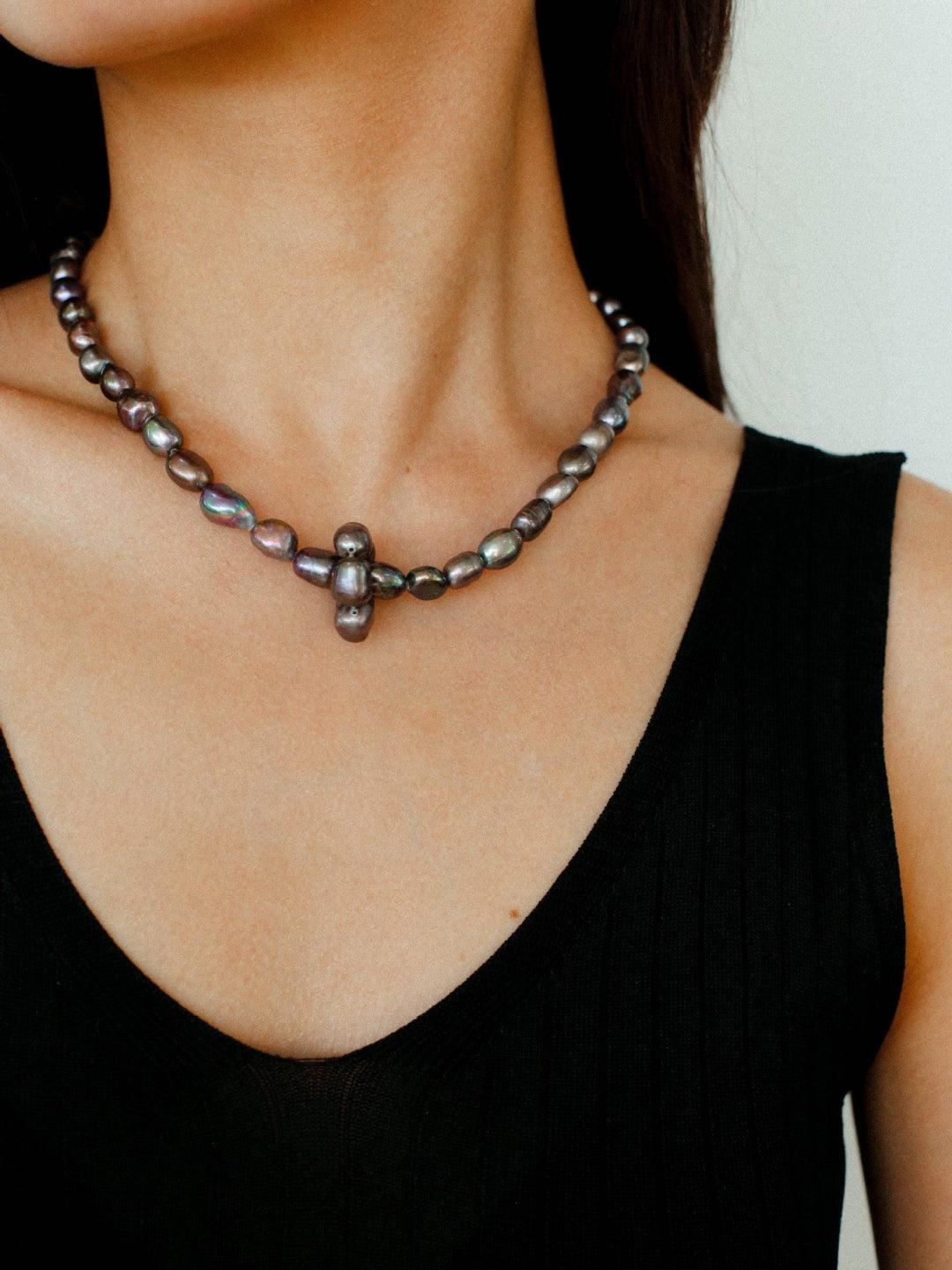 Hand-woven Pearl Run Loop Grey Necklace - Gembea Jewelry