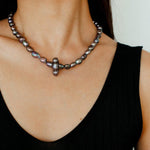 Hand-woven Pearl Run Loop Grey Necklace - Gembea Jewelry