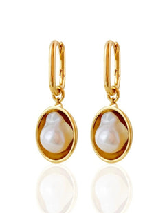 Oval Golden Pendant Baroque Pearl Hoop Earrings gembea jewelry