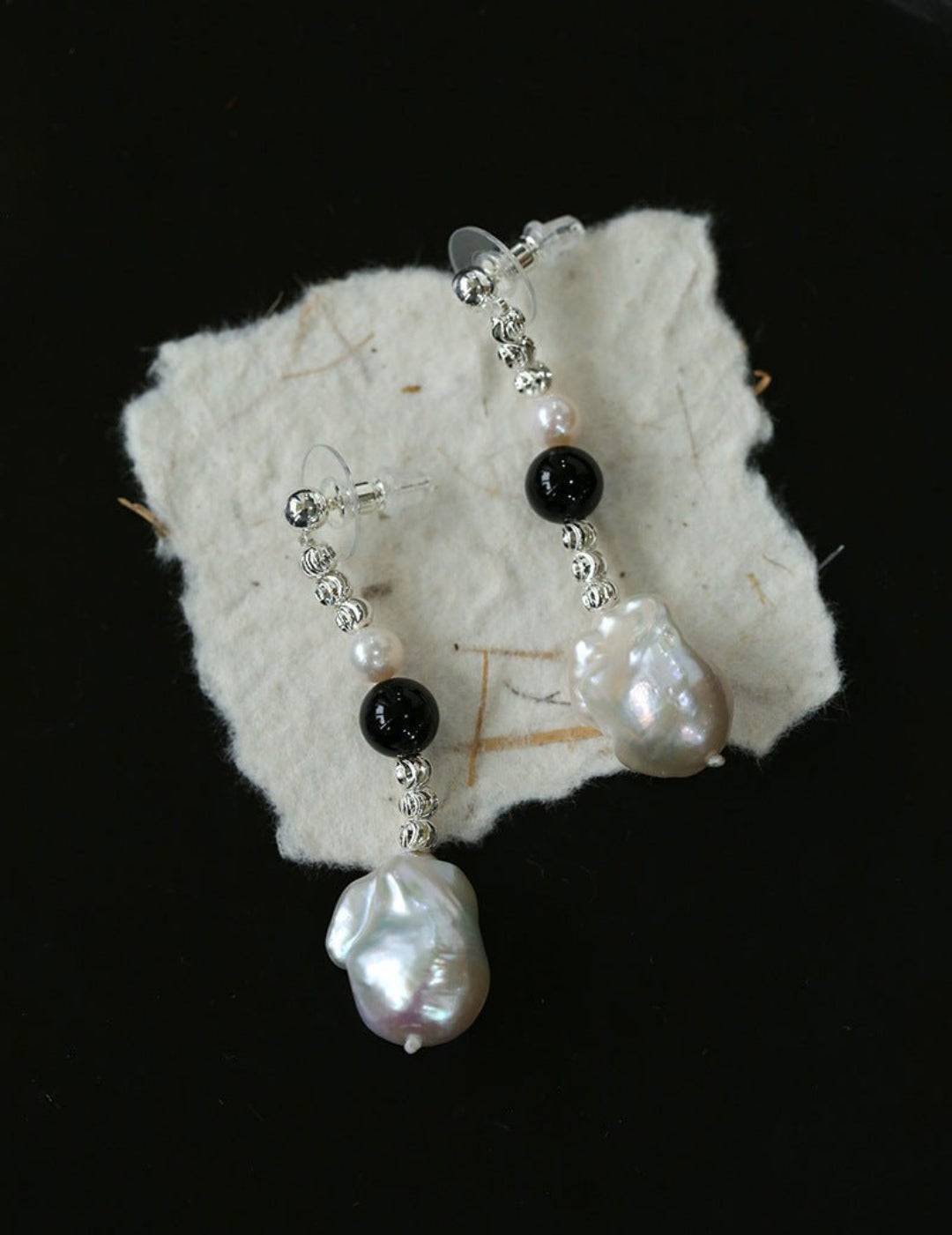 Pearl Black Agate Long Drop Earrings gembea jewelry