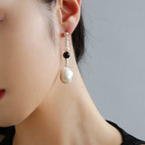 Pearl Black Agate Long Drop Earrings gembea jewelry