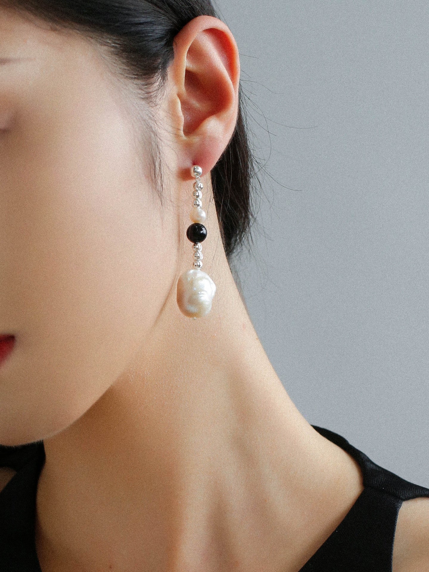 Pearl Black Agate Long Drop Earrings gembea jewelry