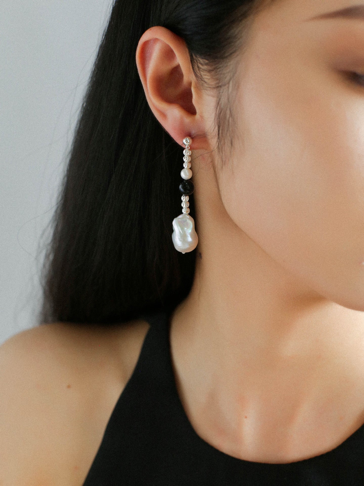 Pearl Black Agate Long Drop Earrings gembea jewelry