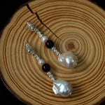 Pearl Black Agate Long Drop Earrings gembea jewelry