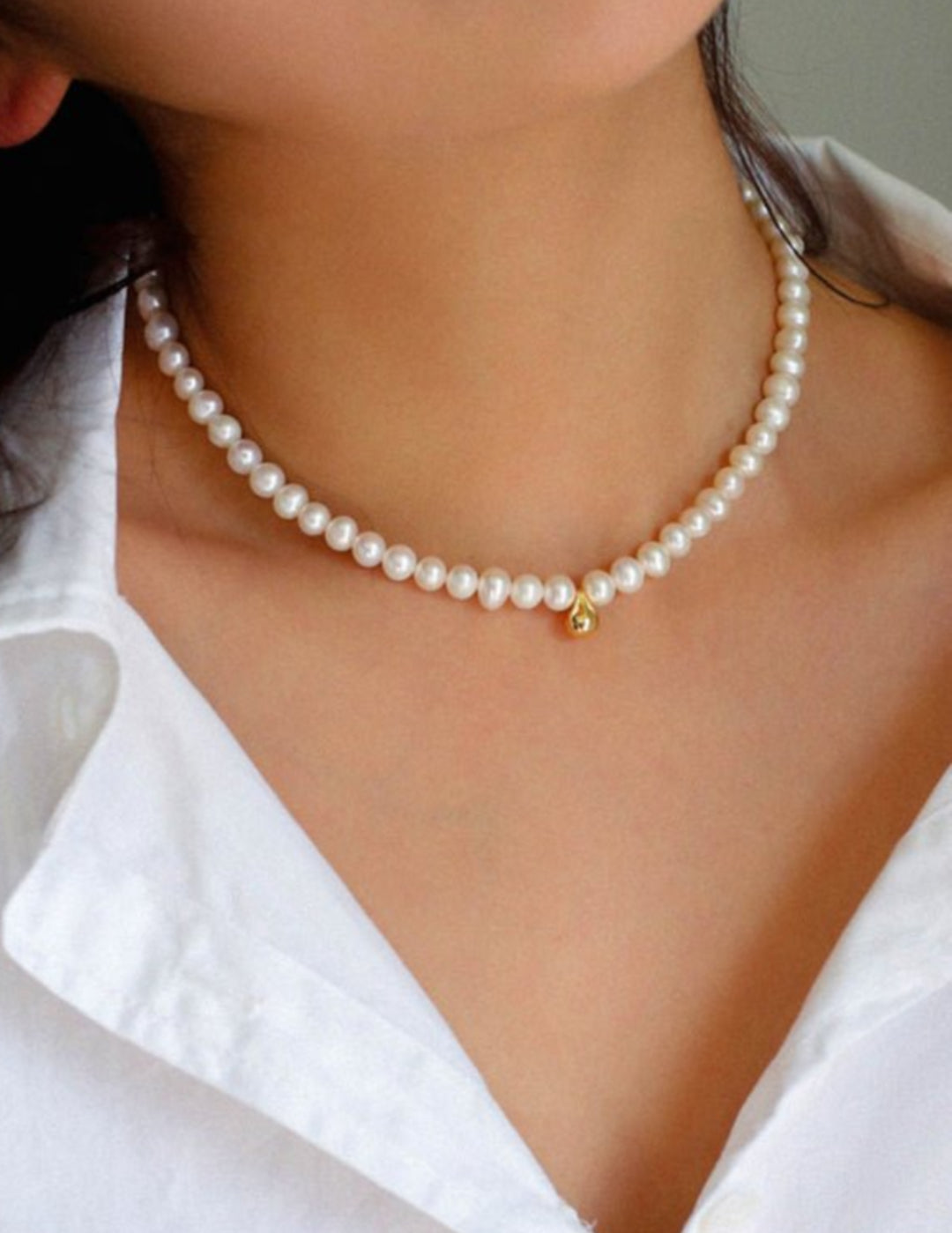 Real Pearl Beaded Choker Necklace with Golden Beans gembea jewelry