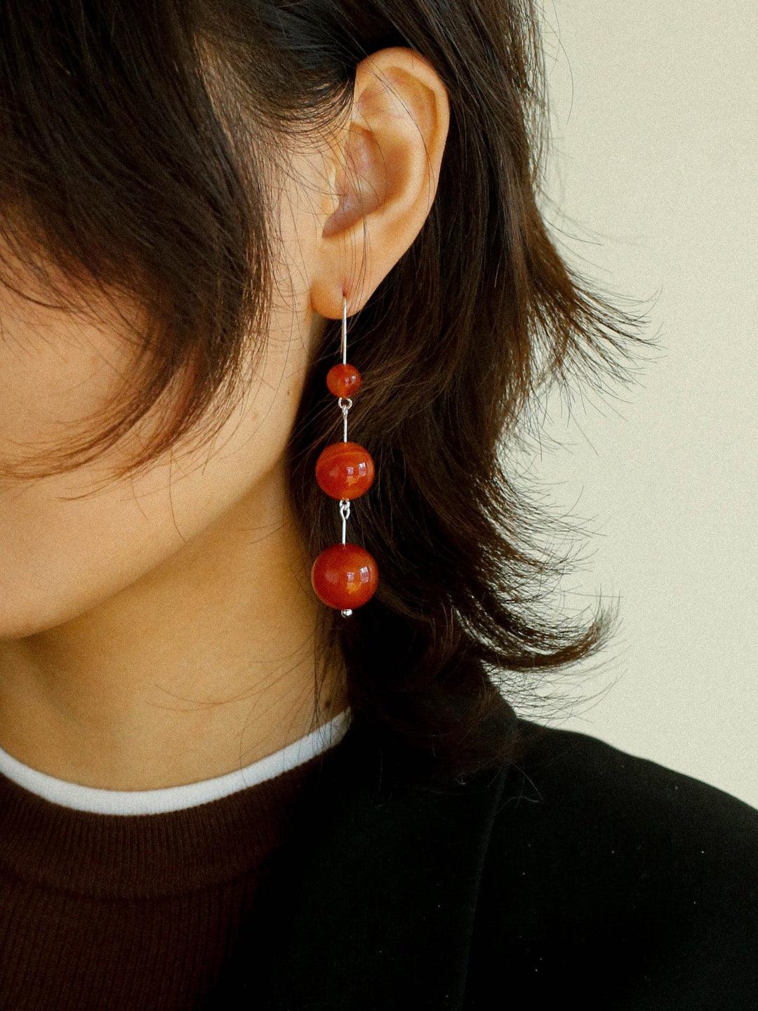 Red and Black Agate S925 Silver Hook Earrings - Gembea Jewelry