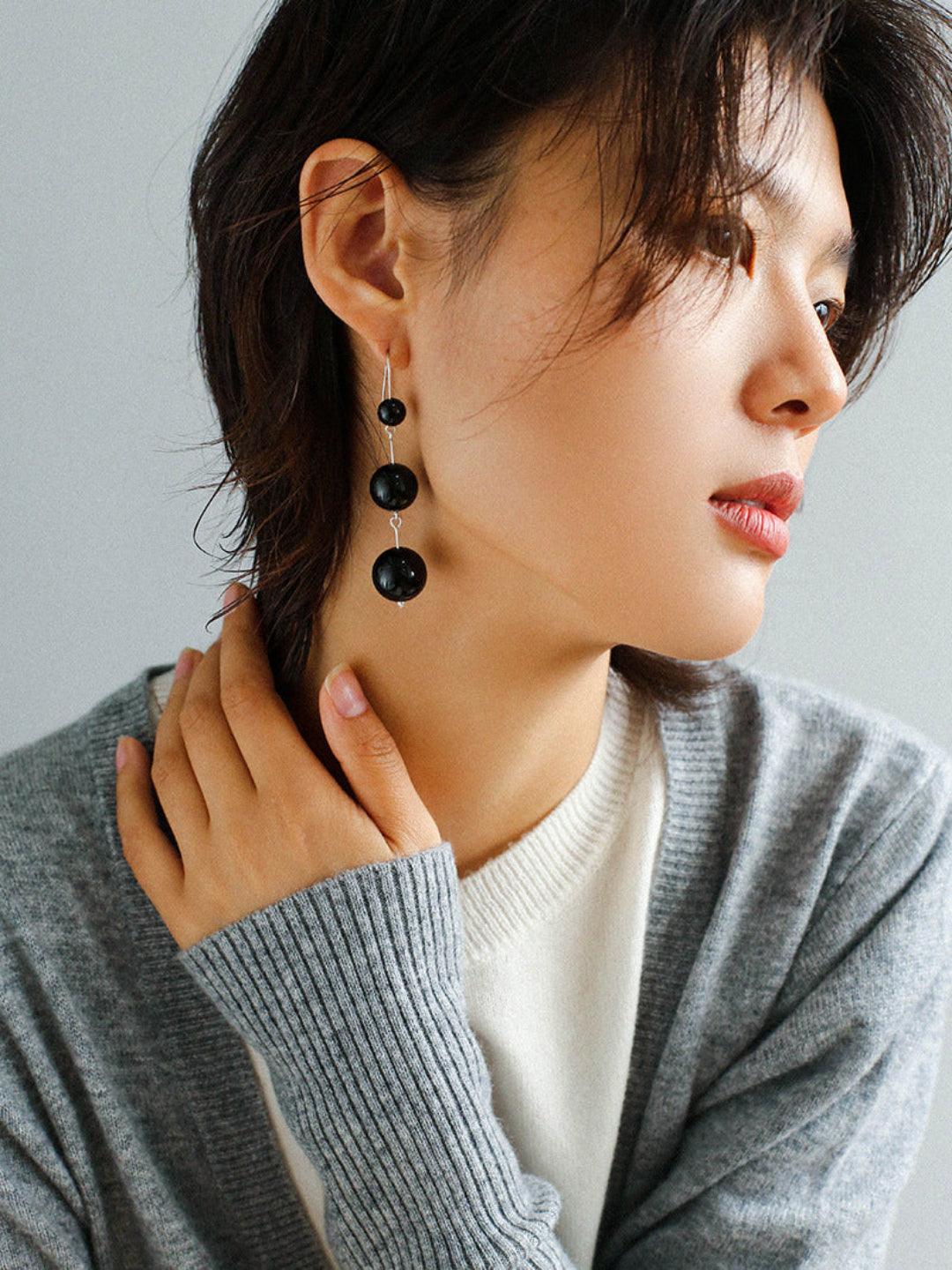 Red and Black Agate S925 Silver Hook Earrings - Gembea Jewelry