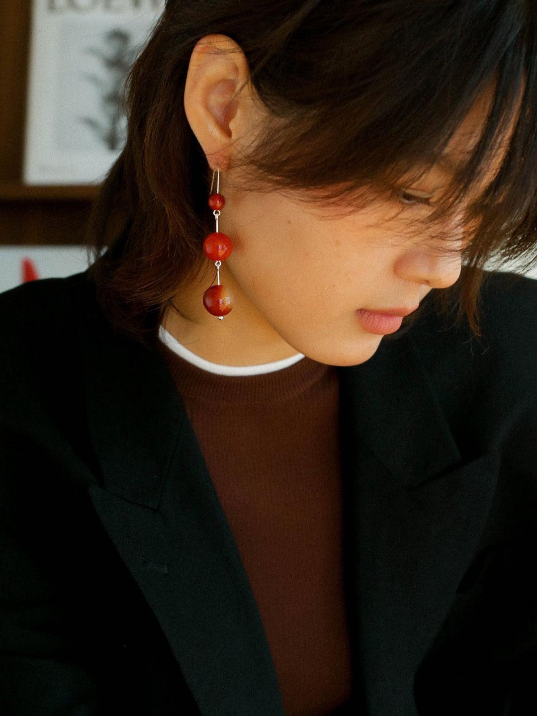 Red and Black Agate S925 Silver Hook Earrings - Gembea Jewelry