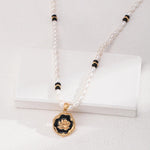 Rose Flower Pendant Black Agate Pearl Necklace - Gembea Jewelry